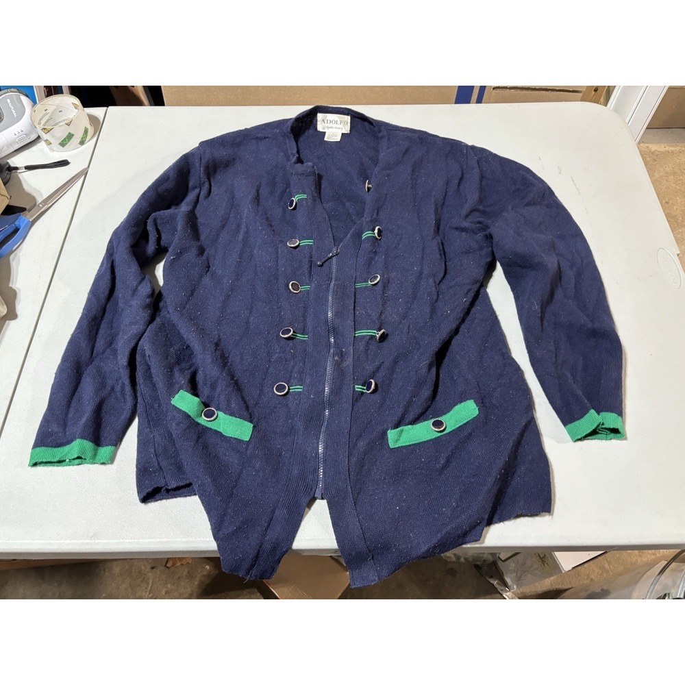Vtg Adolfo Collection L  Acrylic‎ Wool Green Blue Sweater Zip